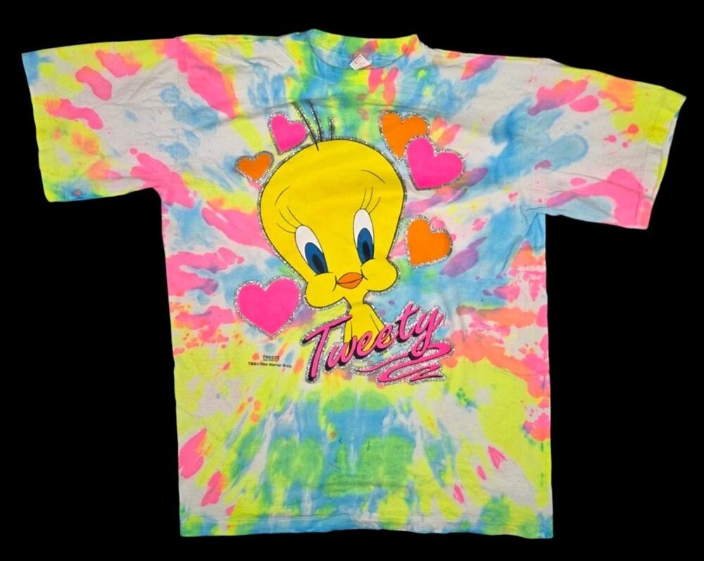 90s Tweety Bird Tie-Dye T-Shirt Vintage Freeze Hearts Glitter Single Stitch XL